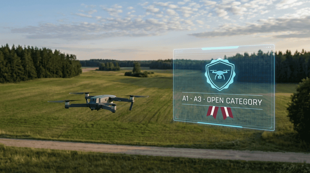 Mazs kvadrokopters lido virs Latvijas zaļiem laukiem ar caurspīdīgu EASA A1/A3 apliecības emblēmas pārklājumu uz attēla labās puses.