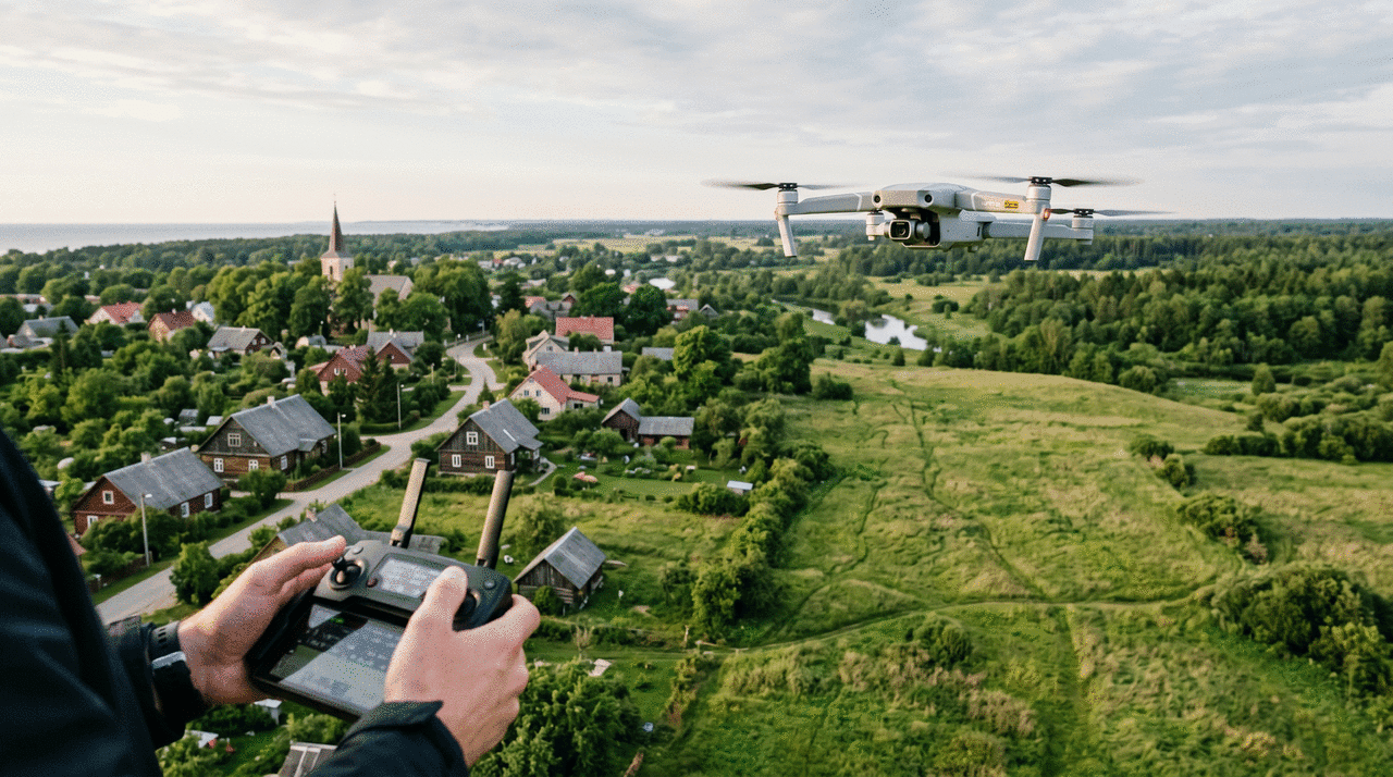 C2 klases drons lido virs pilsētas malas, drošā attālumā no cilvēkiem; pilots ar pulti priekšplānā.