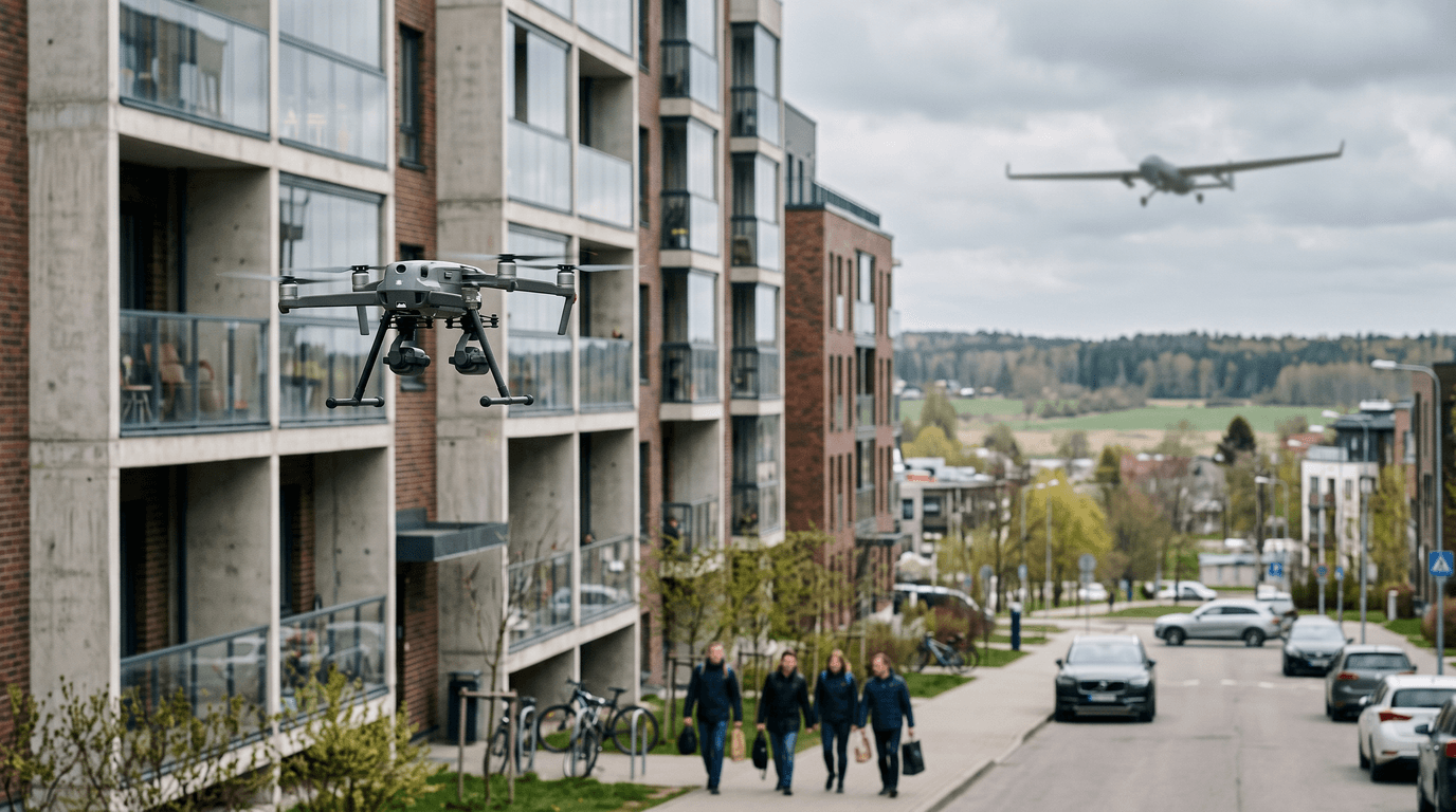 A camera drone flying beside an apartment building at a safe distance from pedestrians; in the background, high over fields beyond the city, a larger fixed-wing drone out of focus.