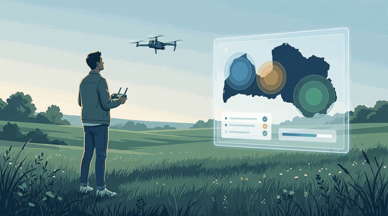 Tālvadības pilots ar pulti Latvijas laukos blakus zemu lidojošam dronam; līdzās caurspīdīga Latvijas karte ar UAS ģeogrāfisko zonu slāņiem.