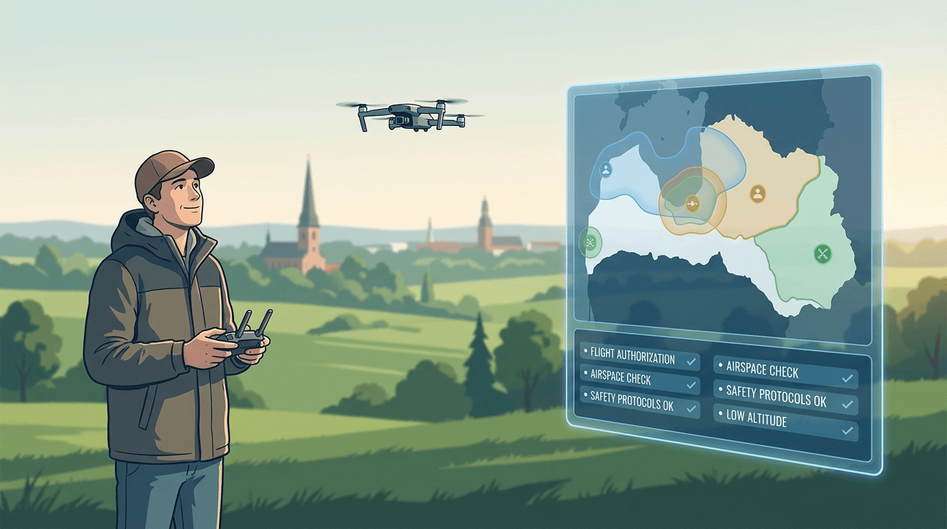 Tālvadības pilots ar pulti Latvijas laukos blakus zemu lidojošam dronam; līdzās caurspīdīga Latvijas karte ar UAS ģeogrāfisko zonu slāņiem.