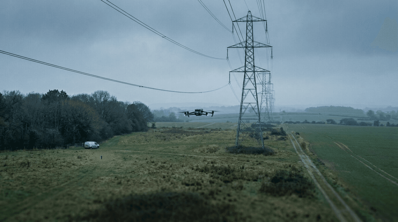 Redakcionāla hero aina: drons lido pa elektrolīniju koridoru tālu prom no maza pilota figūras pie horizonta, vēsā zilā un pelēkā paletē.