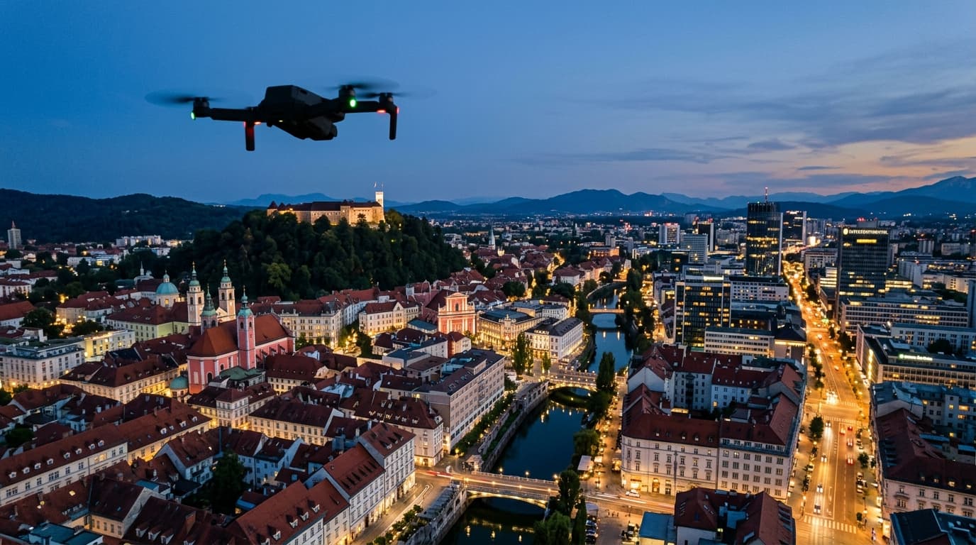Redakcionāla aina no augšas: drons lido virs pilsētas panorāmas ar vecpilsētas jumtiem un modernām ēkām krēslas gaismā, kad pilsētas gaismas sāk iedegties, bez teksta.