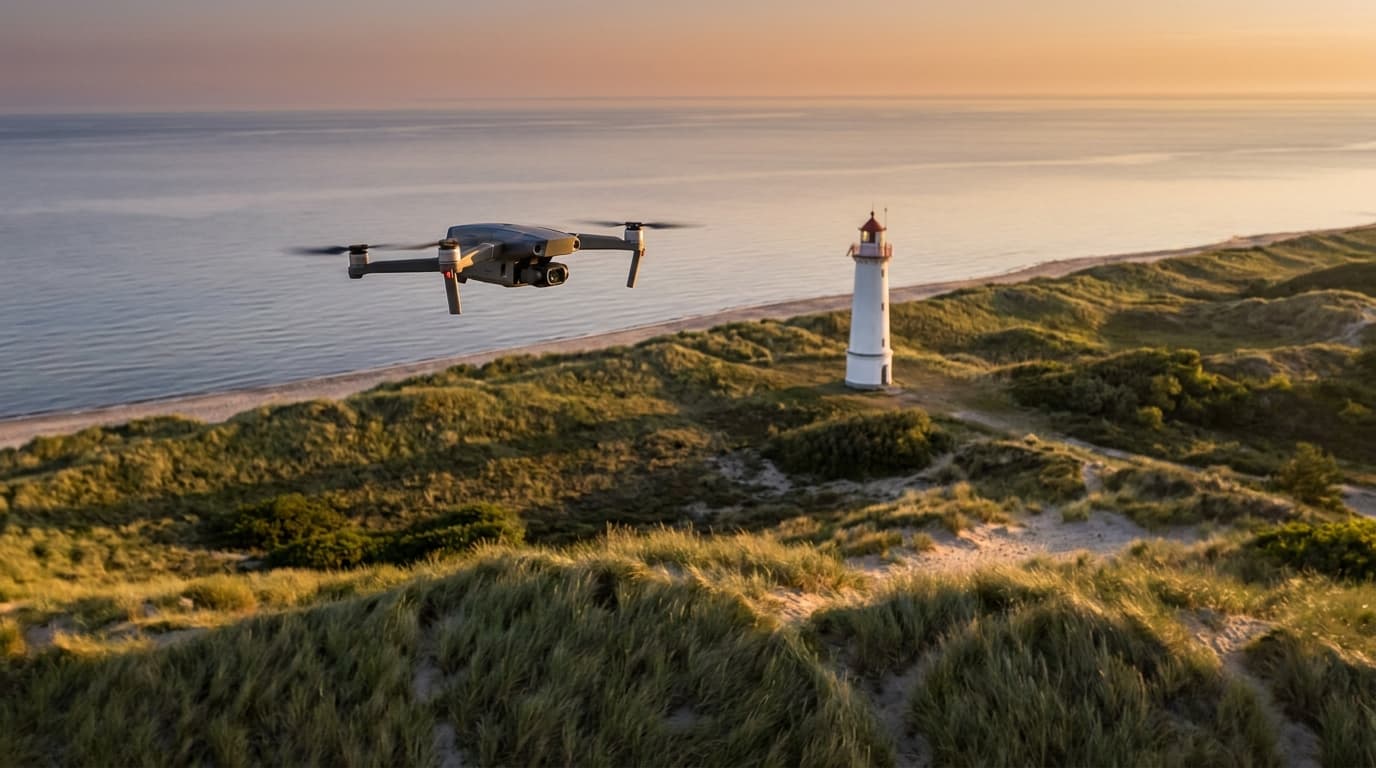 A camera drone tracing a slow arc around a lone lighthouse on a Baltic coast at golden hour, long shadows across the dunes.