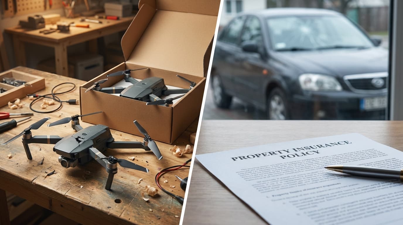 Two halves: a broken drone on a table next to a boxed replacement on one side, an insurance policy document and a cracked car windscreen on the other.