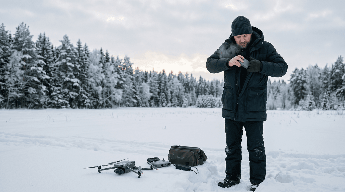 Drona pilots ziemas laukā pirms pacelšanās sasilda akumulatoru jakas iekškabatā; blakus uz sniega stāv kvadrokopters.