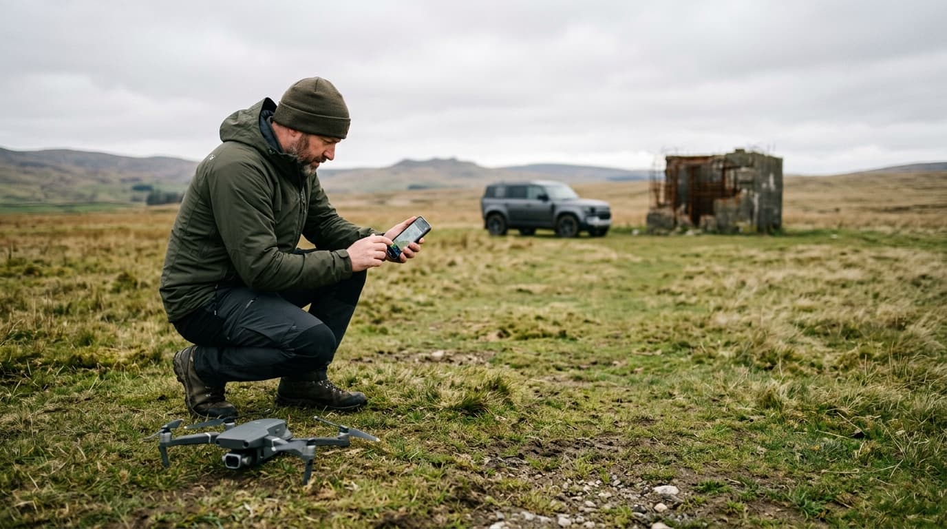 Drons uz zemes atklātā laukā, tālāk fonā auto un betona konstrukcija — pilots pārvieto dronu prom no magnētiskiem traucējumiem.