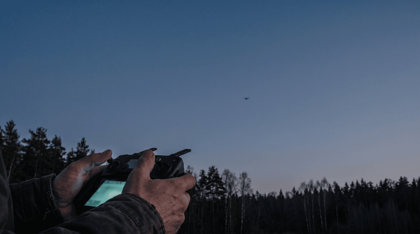 Drona pilots atklātā laukā skatās uz pults ekrānu ar karti un pēdējo zināmo drona pozīciju, pats drons tik tikko saskatāms tālu debesīs.