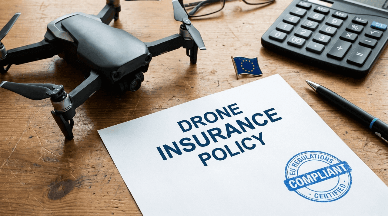 A drone on a wooden desk next to a printed "DRONE INSURANCE POLICY" with a blue stamp imprint, a calculator, and an EU flag pin.