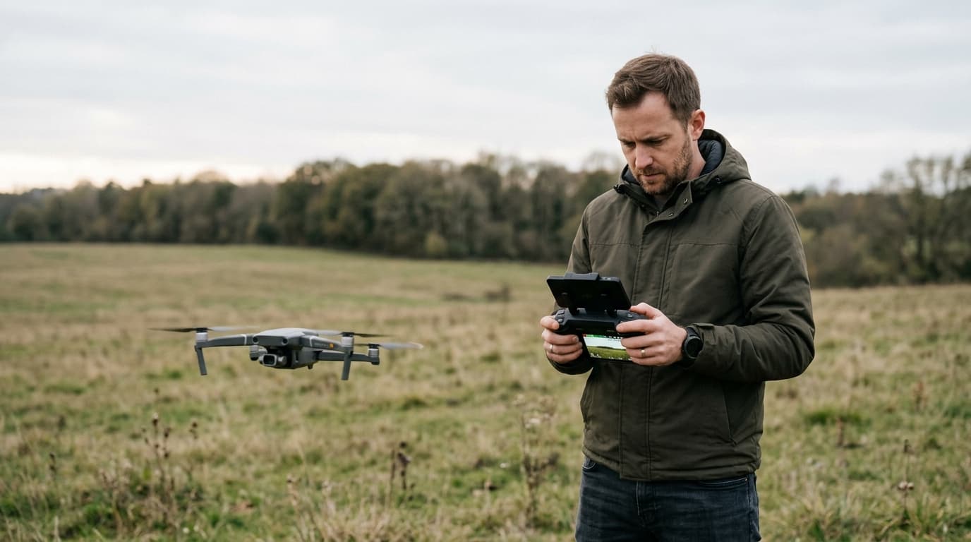 A drone pilot in an open field watches the satellite/GPS status indicator on the controller screen.