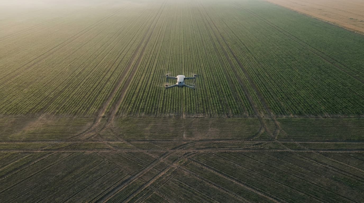 A small agricultural drone with a multispectral camera flying low over rows of a green field, other fields visible in the distance.