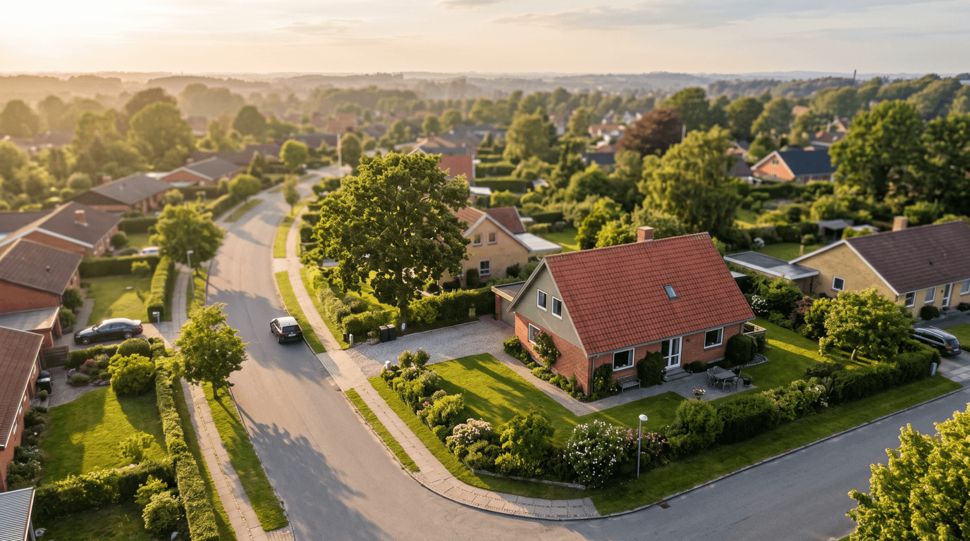 Mazs kameras drons lidojumā virs privātmājas jumta piepilsētas apbūvē, fonā zemesgabals un kaimiņu mājas.