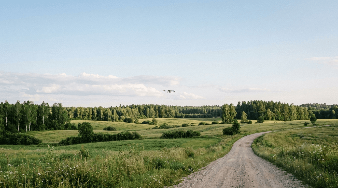 Mierīga Latgales lauku ainava vasaras dienā ar zemu lidojošu bezpilota lidaparātu tālumā virs koku līnijas.