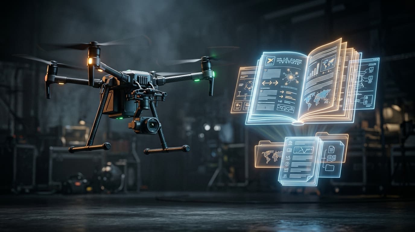 Stilizēts konsolidētu dokumentu sējums ar EASA simboliku un aviācijas regulējuma lappusēm, ar dronu siluetu virs tā, norādot uz atjauninātu regulatīvo uzziņu.