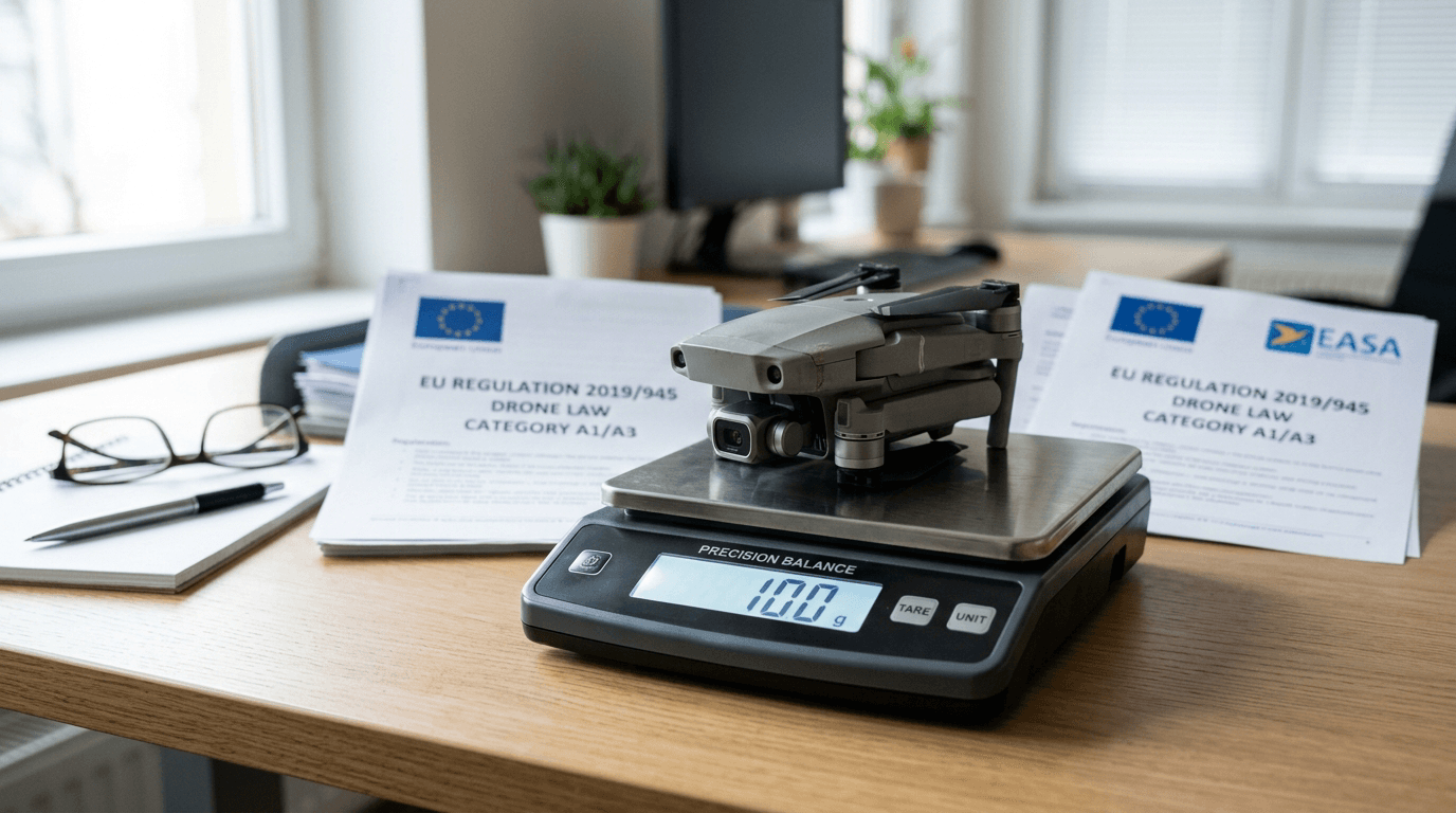 Mazs salokāms kameras drons uz precīzijas svariem, kuru displejs rāda 100 gramus, fonā izplūdusi Eiropas regulējuma dokumenta lapa