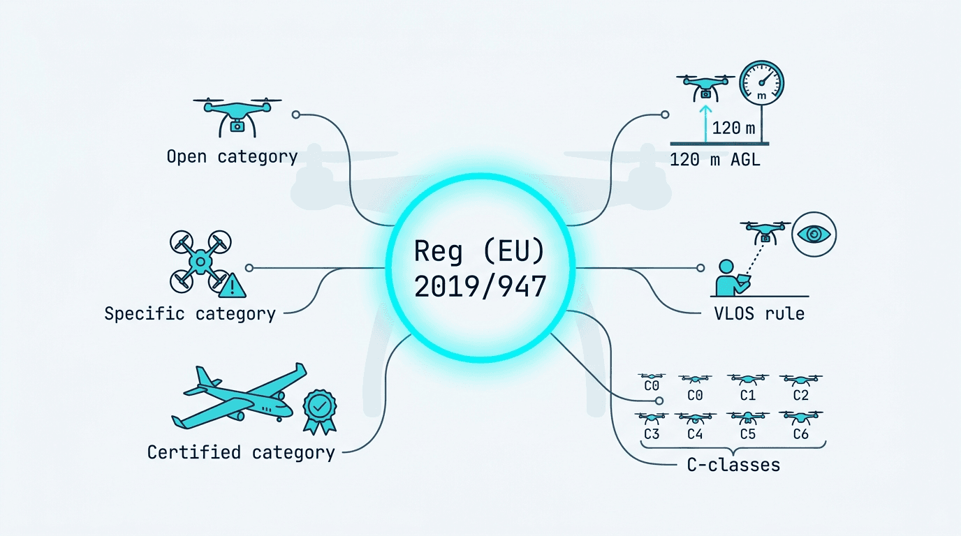 Stilizēta cyan infografika ar centrālu apli "Reg (EU) 2019/947" un izstarojošām līnijām uz mazām ikonām — Open kategorija, Specific kategorija, Certified, C-klases, VLOS, 120 m AGL.