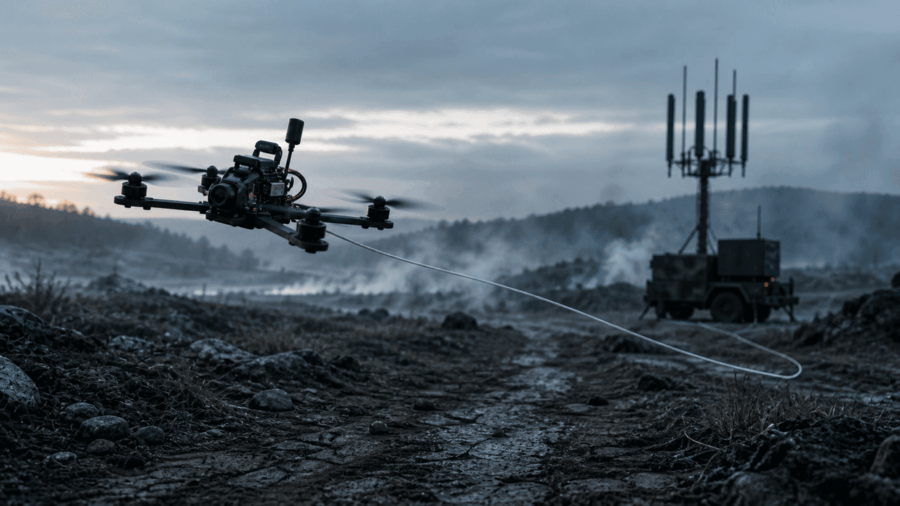 Редакционная hero-сцена: маленький FPV-дрон тянет тонкий оптоволоконный кабель над туманным спорным ландшафтом, а на заднем плане антенна РЭБ выглядит бесполезной, в холодной синевато-серой палитре.