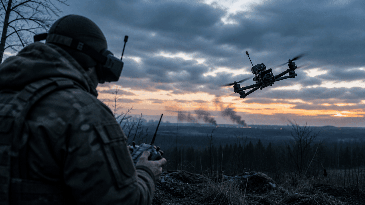 Редакционная hero-сцена с одним FPV-квадрокоптером в низком развороте над линией деревьев на поле боя в сумерках; на переднем плане силуэт бойца с пультом и очками, вдали дым в холодной синевато-серой документальной тональности.
