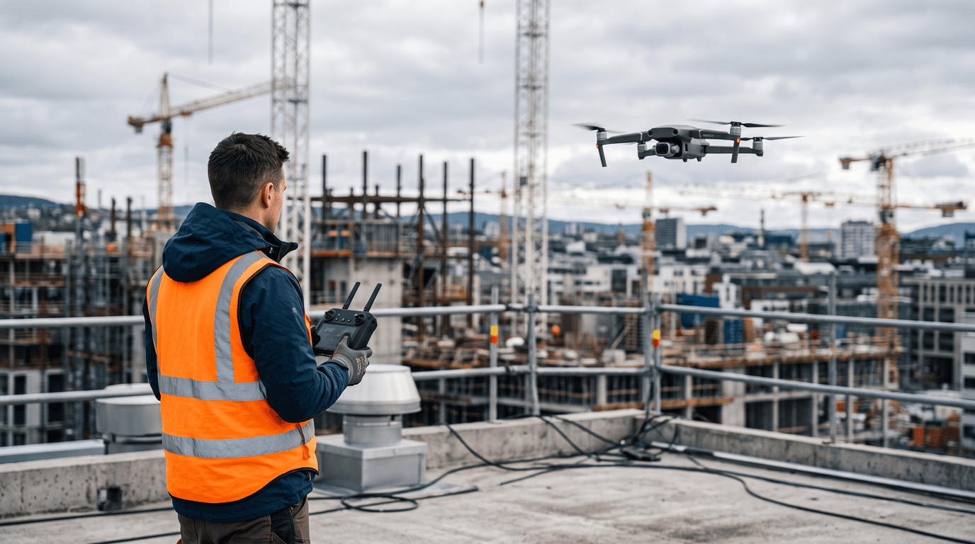 Dronu pilots ar pulti un planšeti pie būvlaukuma, fonā C2 klases kameras drons virs objekta.