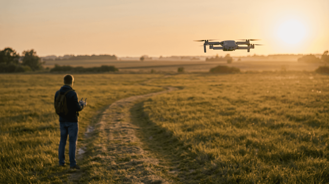 Iesācējs ar tālvadības pulti tur mazu kameras dronu zemā kāršanās lidojumā virs pļautas zāles tukšā laukā, fonā koku josla.