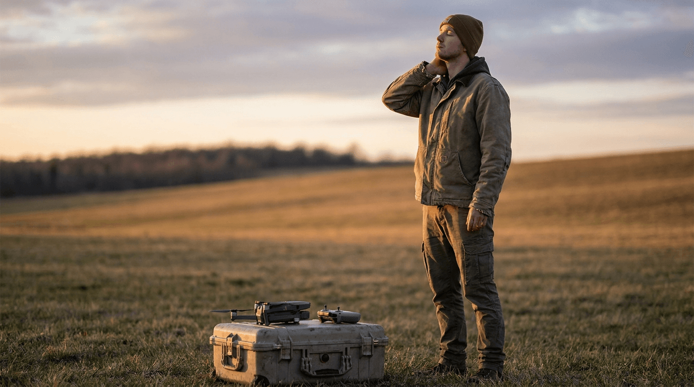 Dronu pilots laukā pirms pacelšanās pārbauda savu stāvokli — cilvēka veiktspēja un piemērotība lidot.