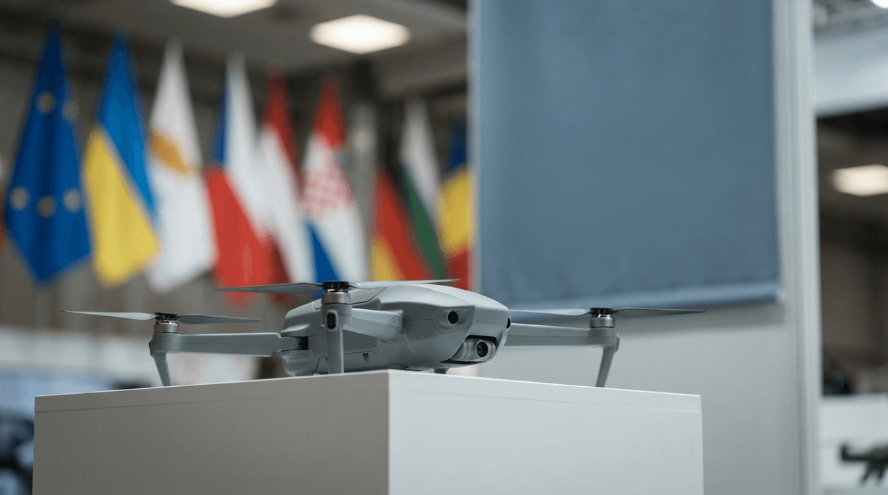 Latvijā ražots autonoms pārtvērējdrons aizsardzības izstādes stendā; fonā NATO sabiedroto karogi.