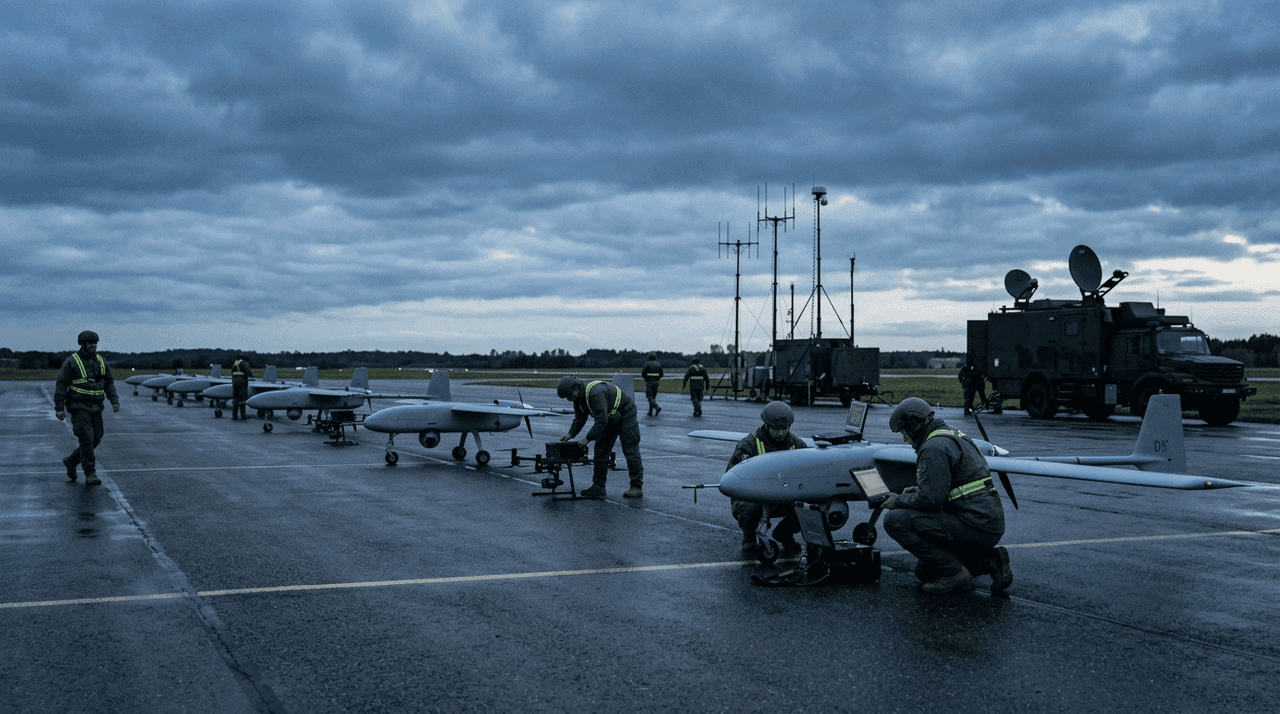 Militāro dronu līnija krēslā: patērējami fiksētā spārna droni un kvadrokopteri uz perona, zemes komanda veic pirmslidojuma pārbaudes