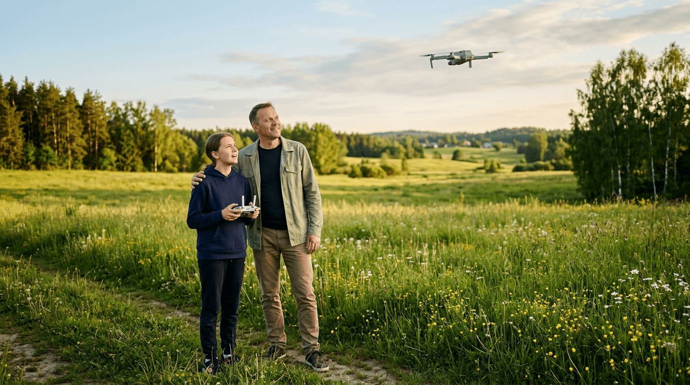 Pusaudzis ar dronu pļavā, blakus pieaugušais vēro debesis — uzraudzīts lidojums atvērtajā kategorijā.
