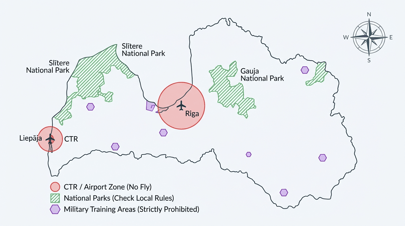 Stilizēta Latvijas karte ar krāsās iezīmētām aizliegtām zonām — sarkani CTR apļi virs lidostām, zaļš svītrojums dabas parkos, purpura militārie sešstūri.
