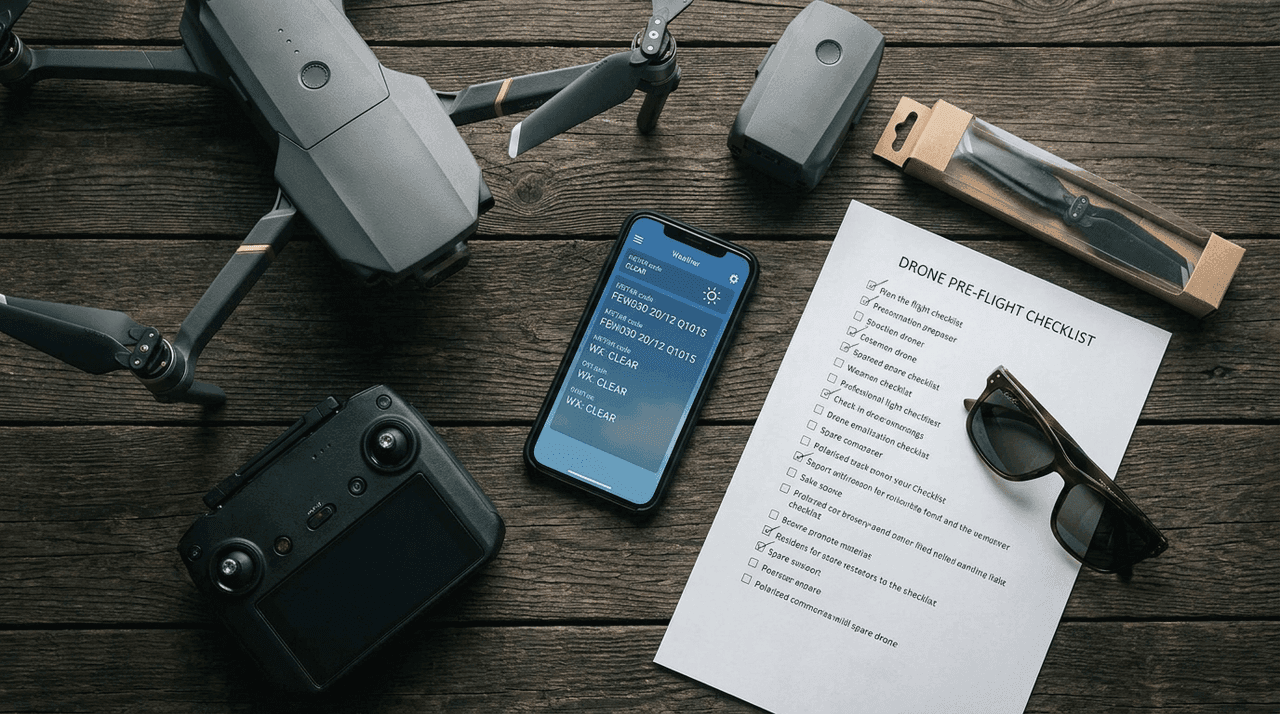 Flat-lay top-down view on dark wood — drone with controller, phone showing a weather app, spare battery, spare propellers, printed checklist with checkboxes.