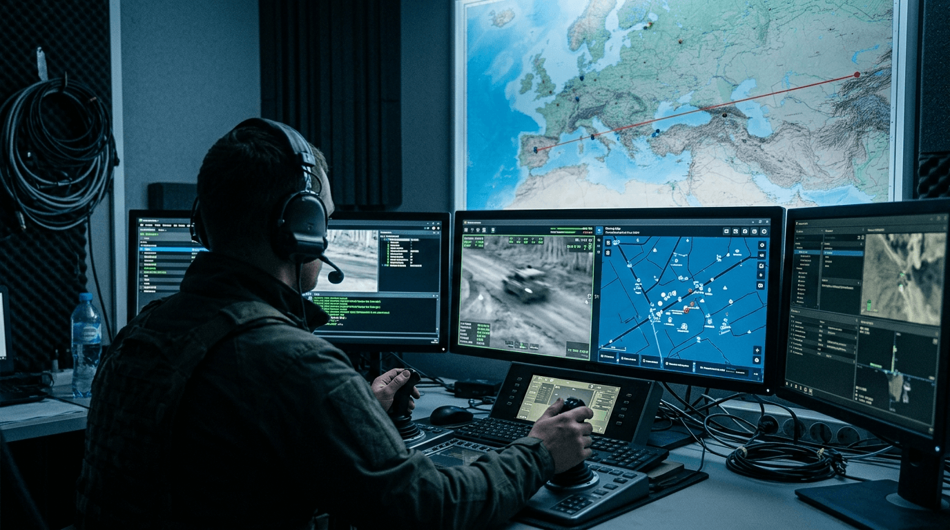 Drona pilots vada pārtvērēju no attālas vadības stacijas; karte fonā savieno operatoru ar fronti pāri lielam attālumam.