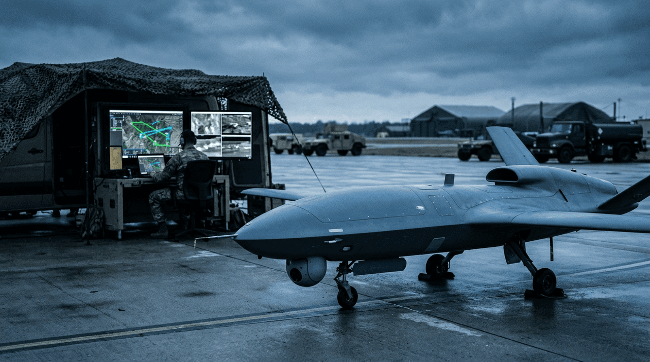 Автономный боевой UAV на перроне, на заднем плане оператор наземной станции управления и экраны автономного планирования полёта