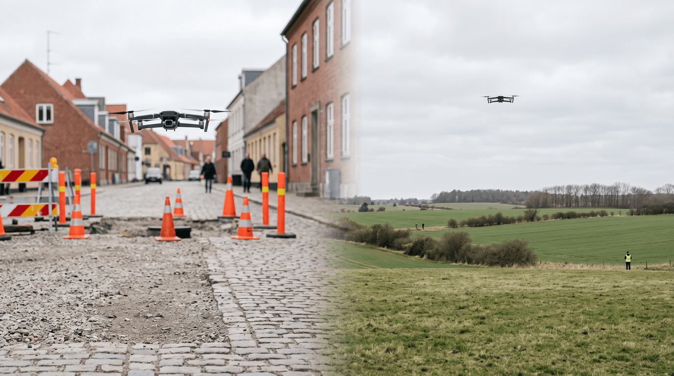 Dalīta aina: C5 drons lēnā VLOS lidojumā virs norobežota pilsētas laukuma vienā pusē, C6 drons BVLOS lidojumā virs lauku elektrolīnijas ar novērotāju otrā.