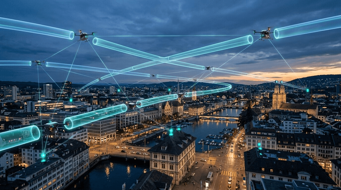 Redakcionāla hero aina: vairāki droni lido pa caurspīdīgiem digitāliem gaisa koridoriem virs pilsētas, ar tīkla līnijām starp tiem, vēsā zilā un tirkīza paletē.