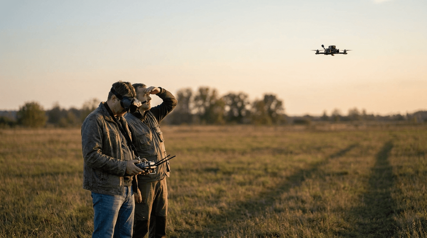 Tālvadības pilots FPV brillēs, blakus novērotājs ar paceltu skatienu vēro dronu debesīs.