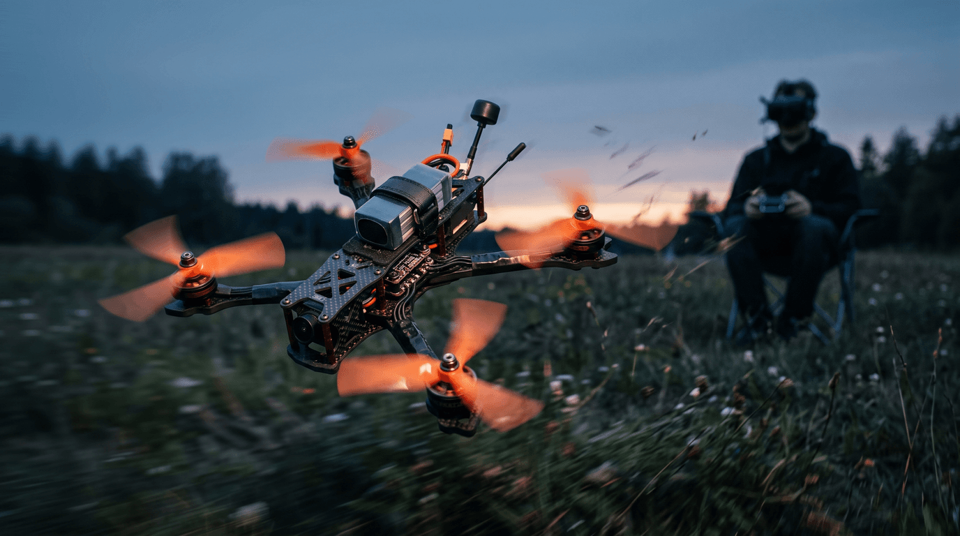 FPV pilots ar brillēm uz galvas tur sacīkšu dronu rokās lauka malā, blakus stāv novērotājs.