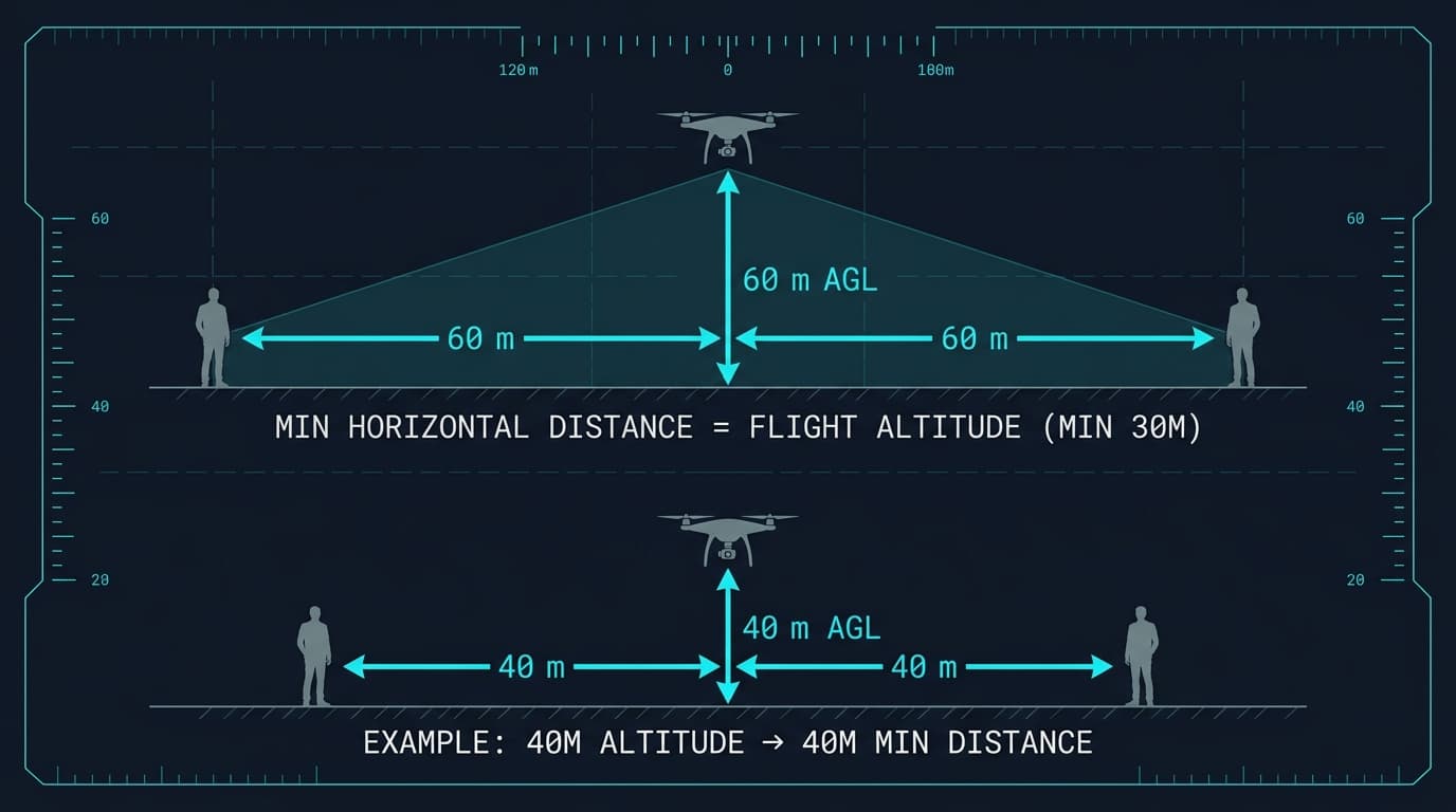 1:1 noteikums — horizontālais attālums vienāds ar lidojuma augstumu, minimums 30 m.