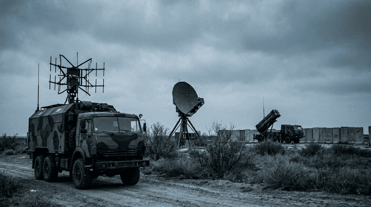 Slāņota pret-dronu aizsardzība: radara antena, elektroniskās karadarbības iekārta ar antenu blokiem un pārtvērēja palaišanas sistēma atklātā perimetrā zem apmākušām debesīm
