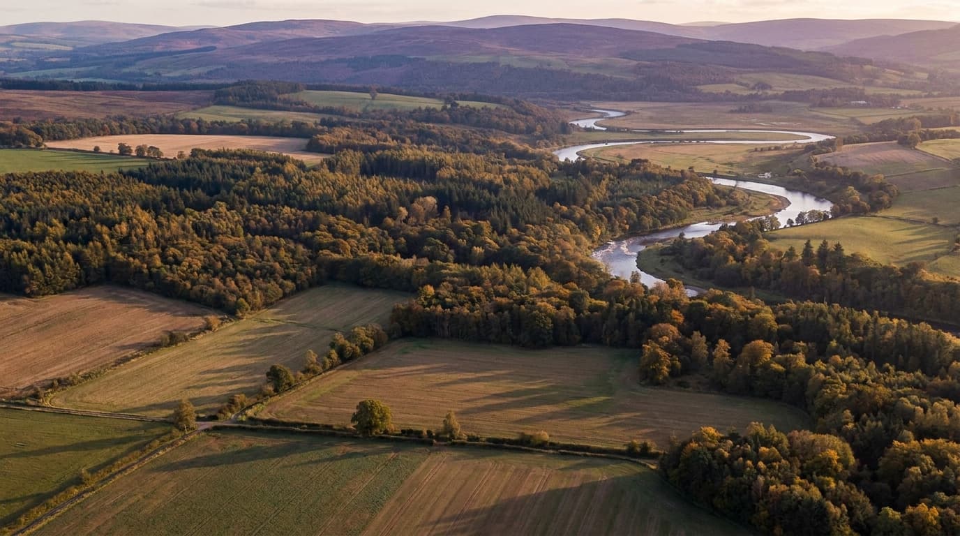 A landscape photographed from a drone at several altitudes — a close foreground, layered midground terrain and a geometric pattern seen from high above.