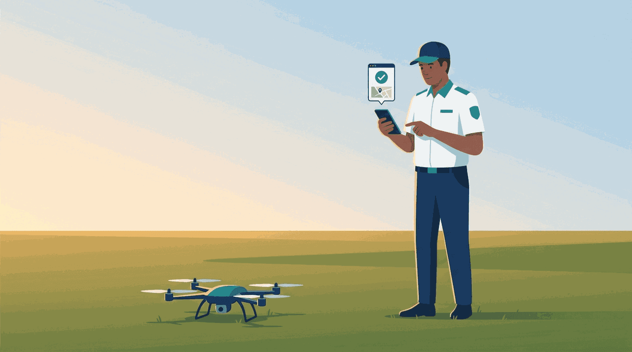 Pilots pirms starta laukā skatās telefonā uz pieteikuma statusu un karti; drons gatavs uz zemes, debesis skaidras.
