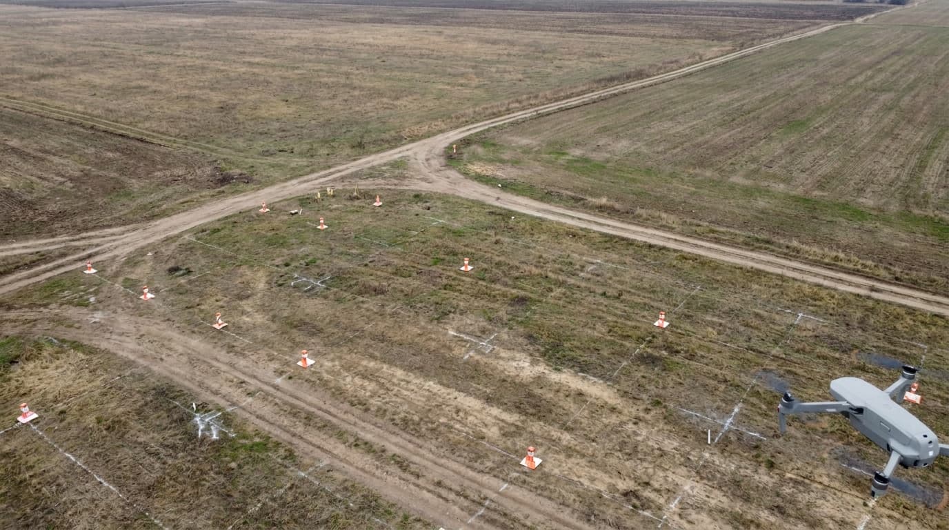 A mapping drone flying a grid pattern over a construction site, with ground control point markers visible below.