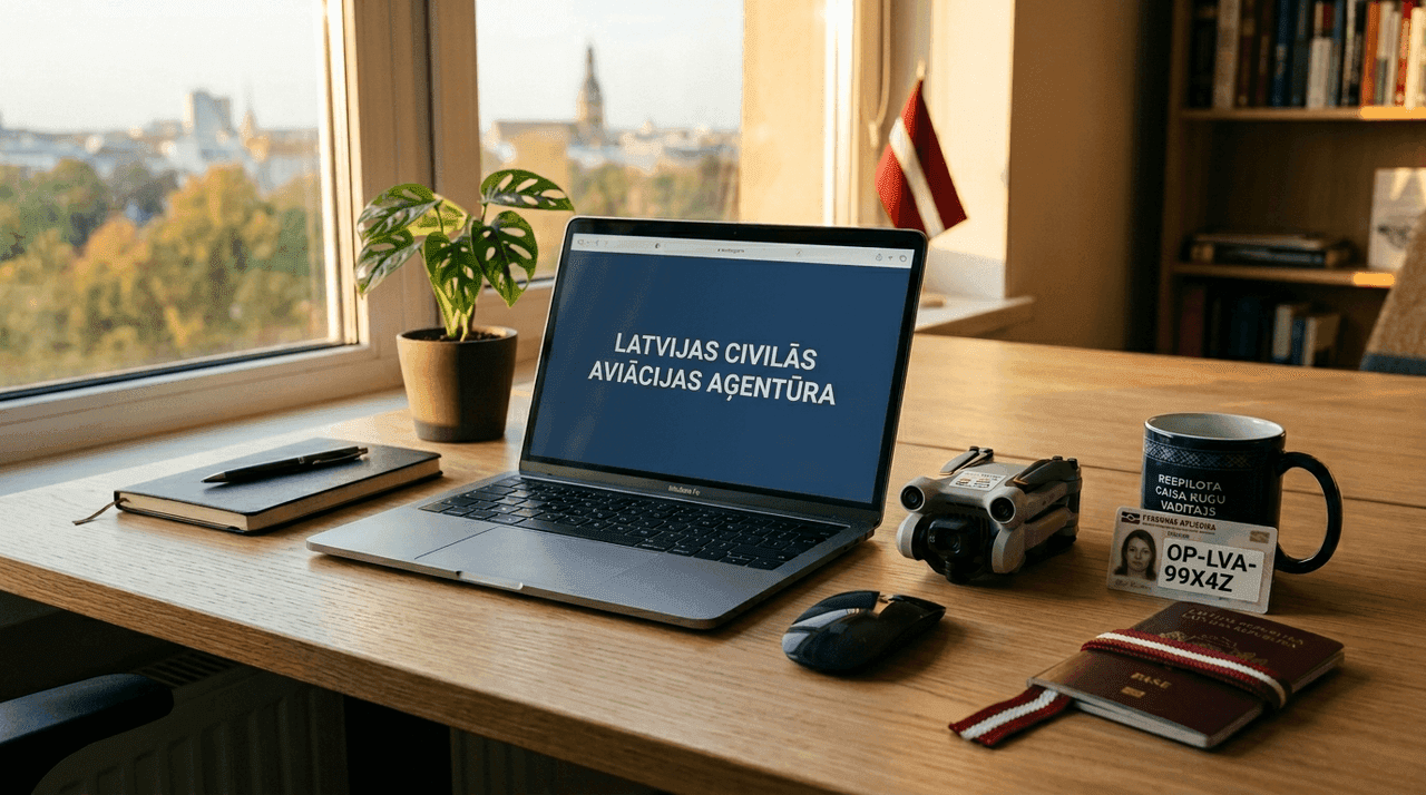 Darba galds ar klēpjdatoru, kurā redzams e.caa.gov.lv portāls, drons ar redzamu LVA operatora numura uzlīmi, kafijas krūze un ID kartīte.