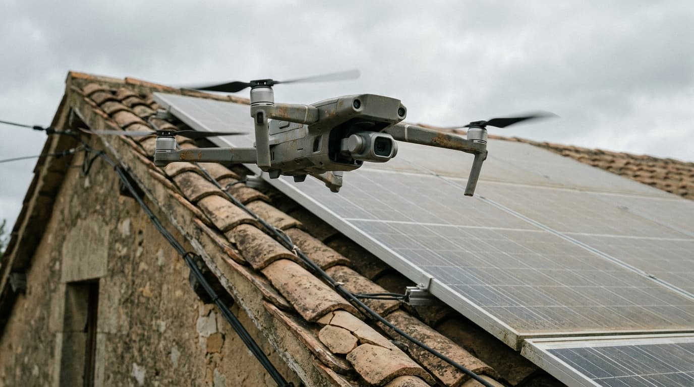 A camera drone flying close to the roof and chimney of a multi-storey building in an urban setting, other rooftops visible in the background.
