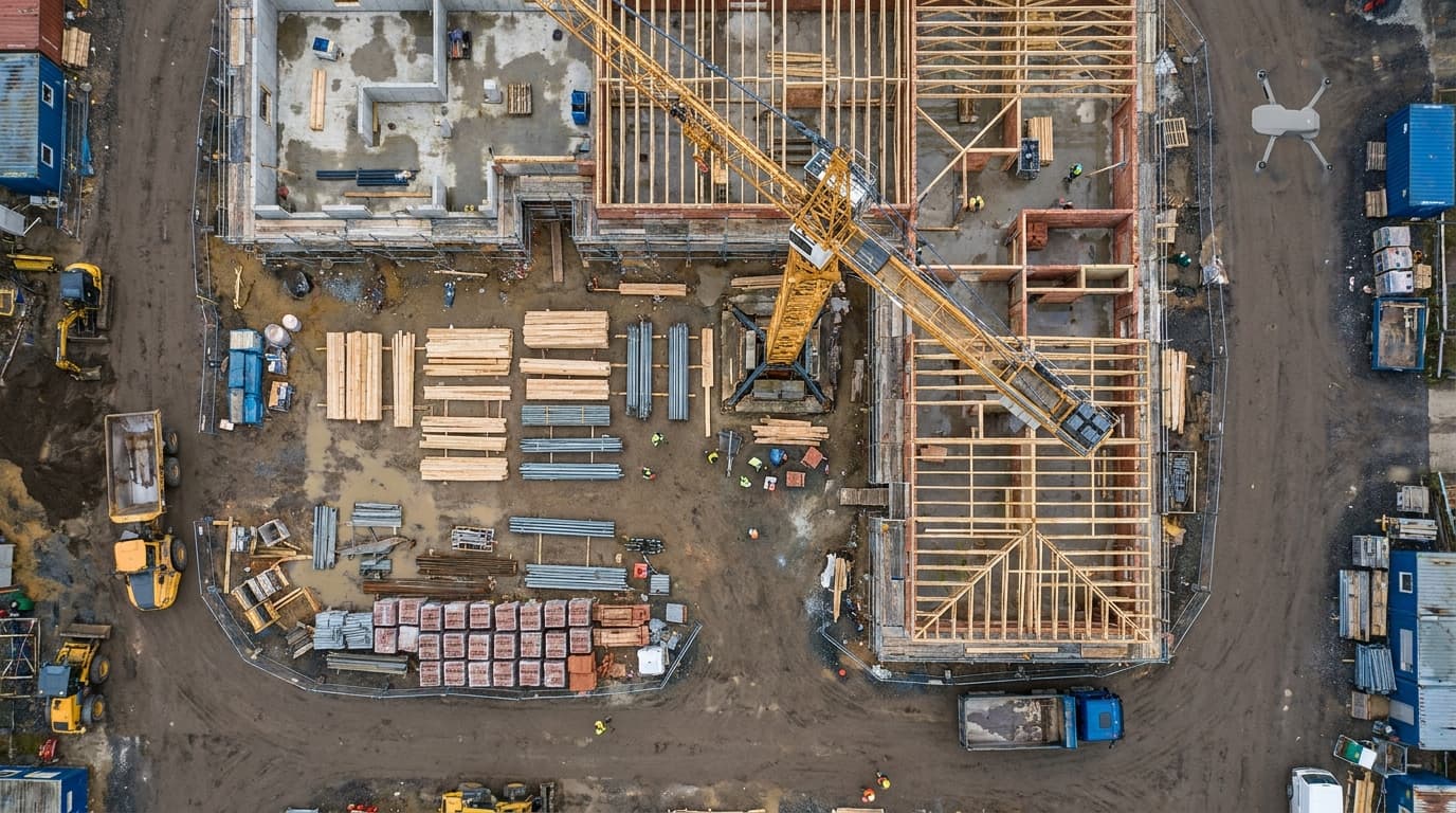A camera drone flying above a construction site with a tower crane and scaffolding, with the frame of a new residential building and an earth stockpile visible below.