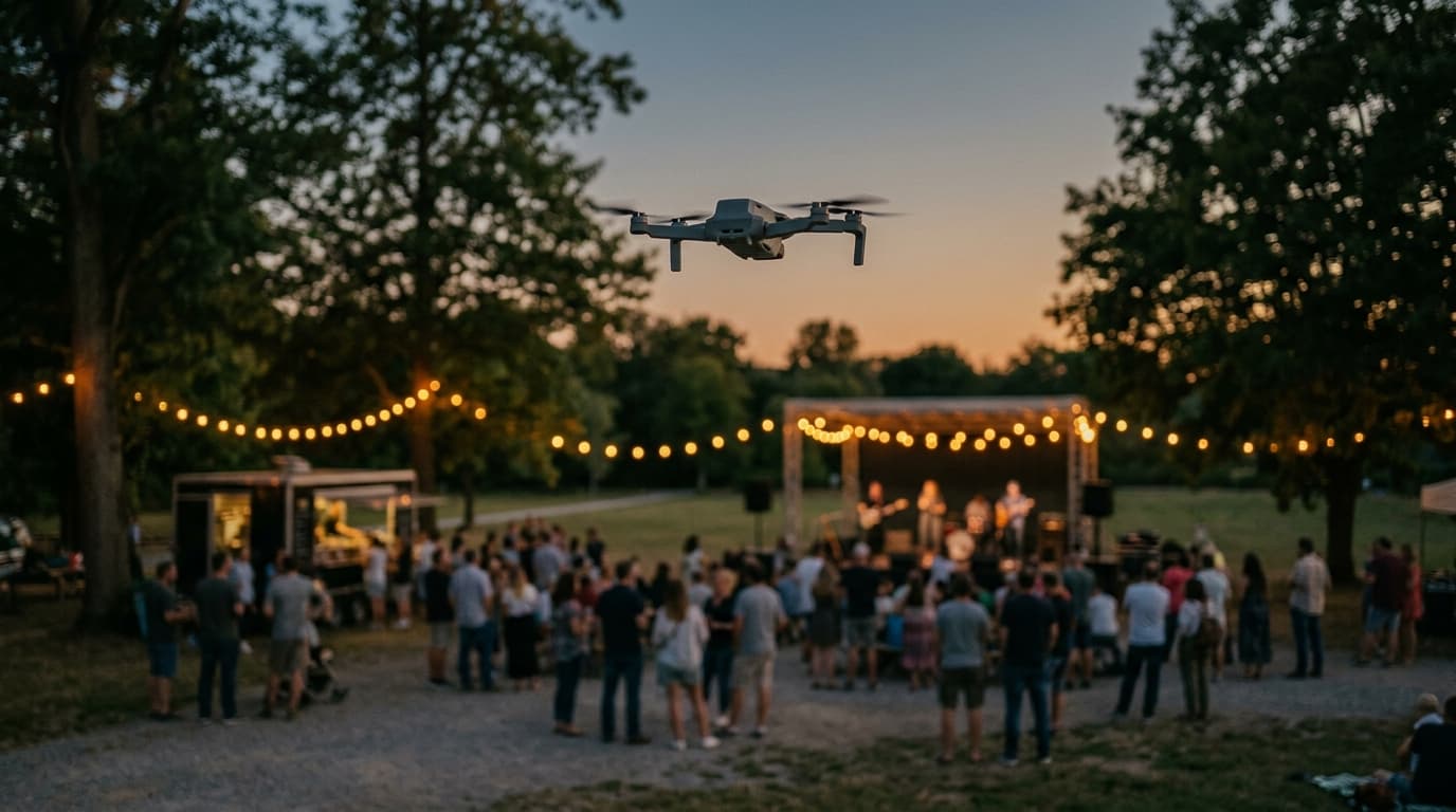 A drone flying off to the side of a crowded ceremony, framing it from a distance over an empty stretch of lawn.