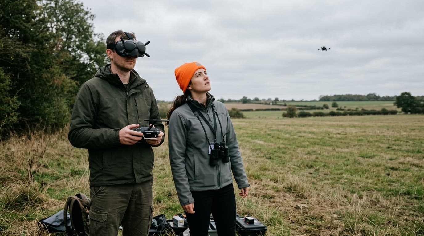 An FPV pilot wearing goggles stands in a field beside an observer, both watching a racing quad in the air.