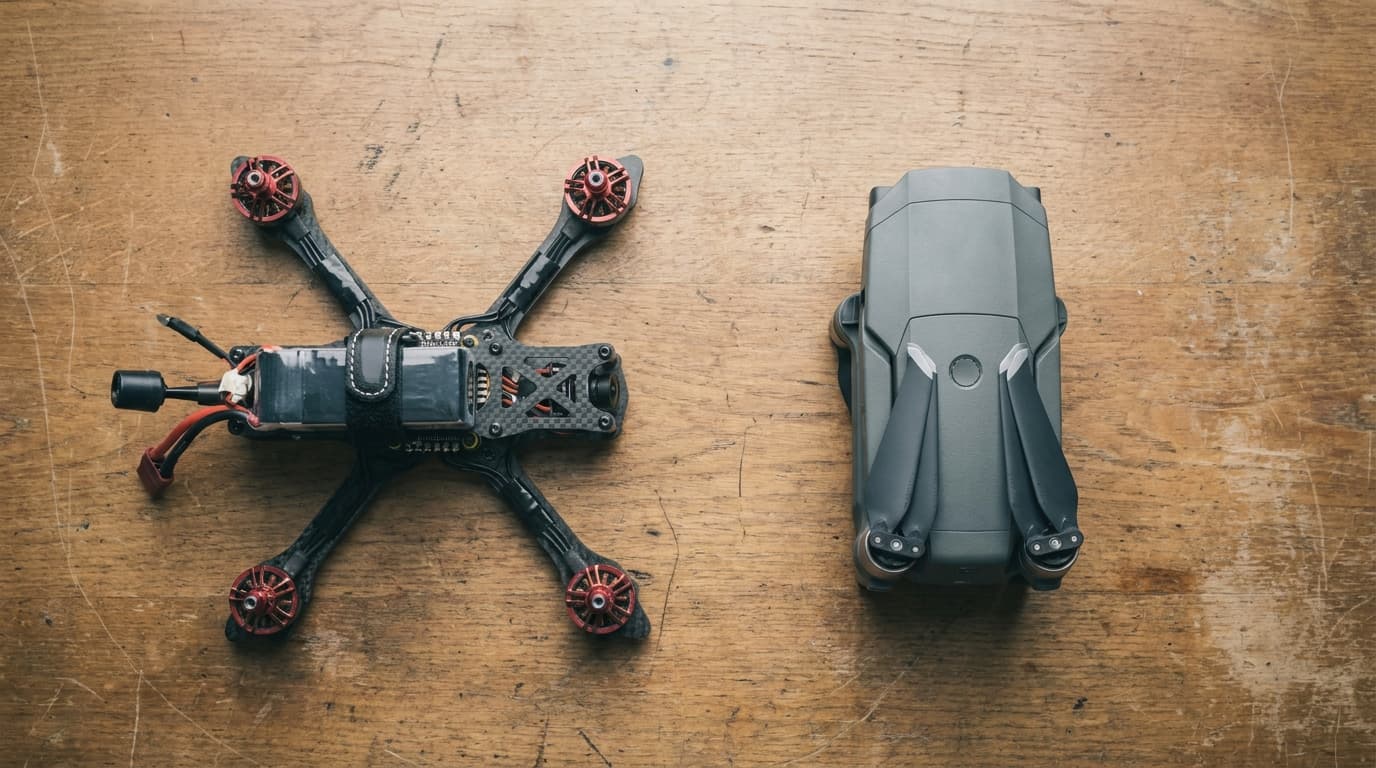 A side-by-side contrast of a GPS camera drone and an FPV racing quad on a table, goggles resting nearby.