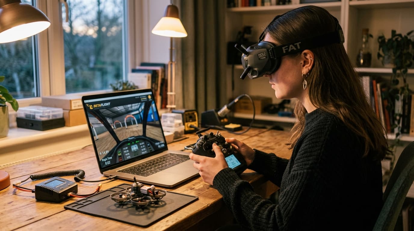 An FPV pilot wearing goggles sits at a computer flying a simulator, with a small FPV quad resting on the desk beside them.