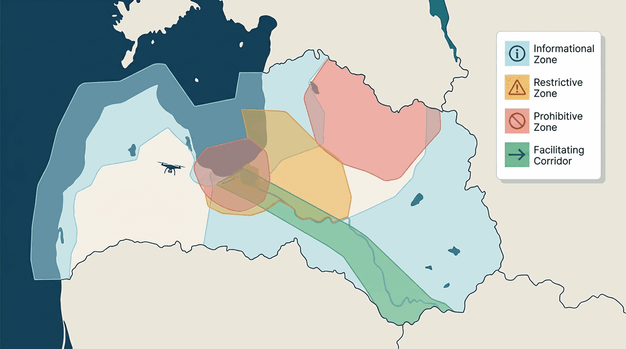 Stilizēta Latvijas karte ar dažādu krāsu zonu slāņiem un vienkāršu apzīmējumu, kas atšķir informatīvas, ierobežojošas un aizliedzošas zonas.