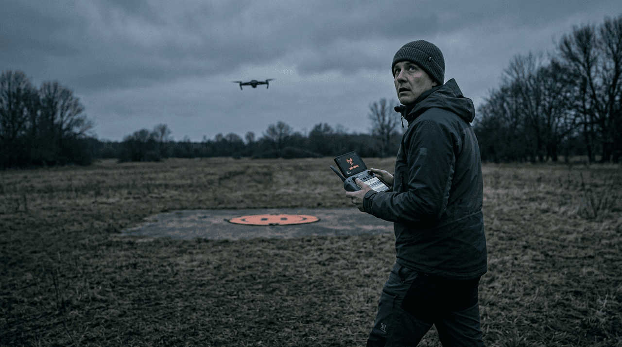 Drona pilots reaģē uz vājo signālu, pārtraucot misiju un gatavojoties tūlītējai nolaišanai